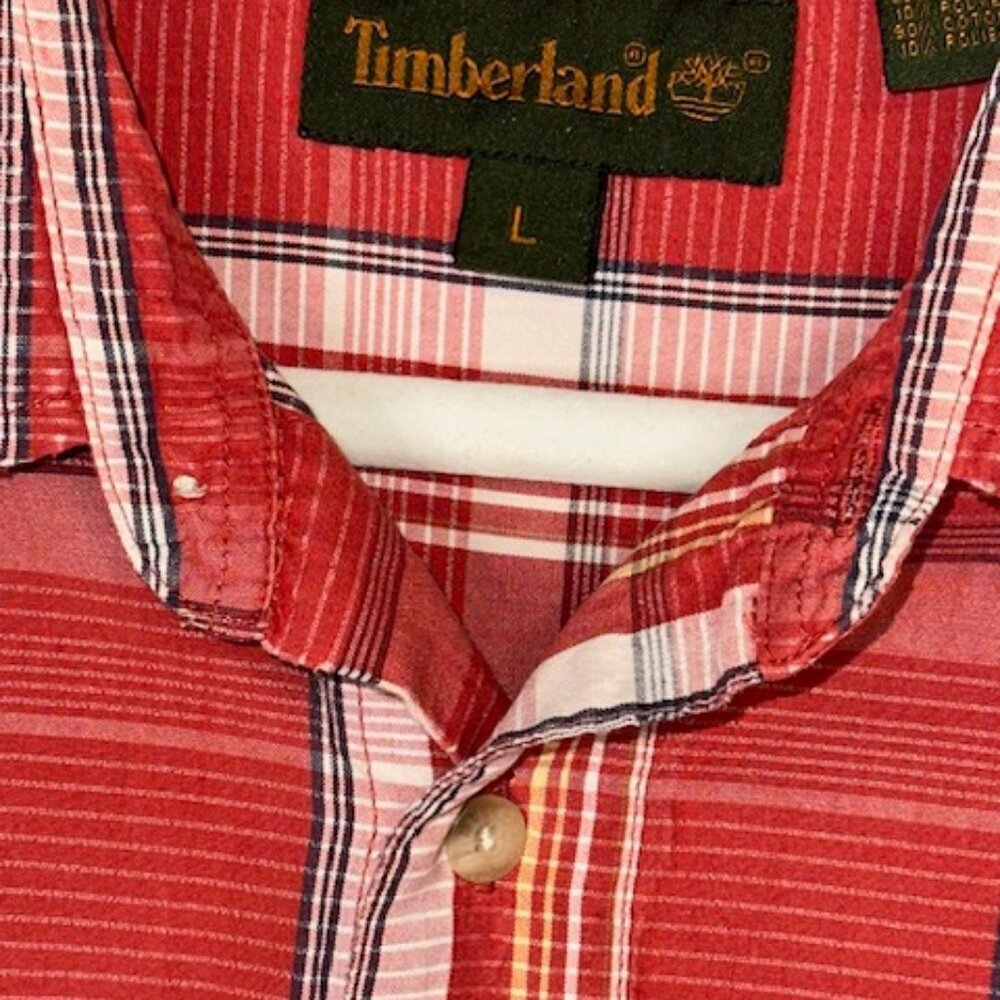 Timberland Men's short sleeve button up‎ logo shirt Large red plaid pattern - Picture 5 of 7